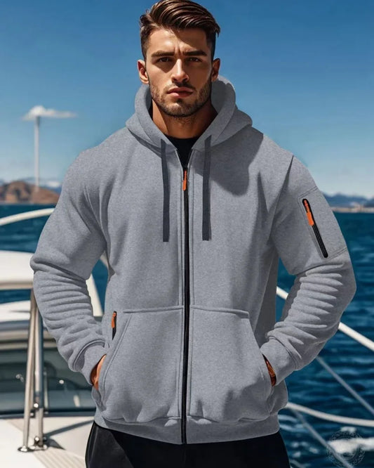 European and American style  men's zipper hooded sweatshirt with multiple pockets loose fitting European cross-border sports jac